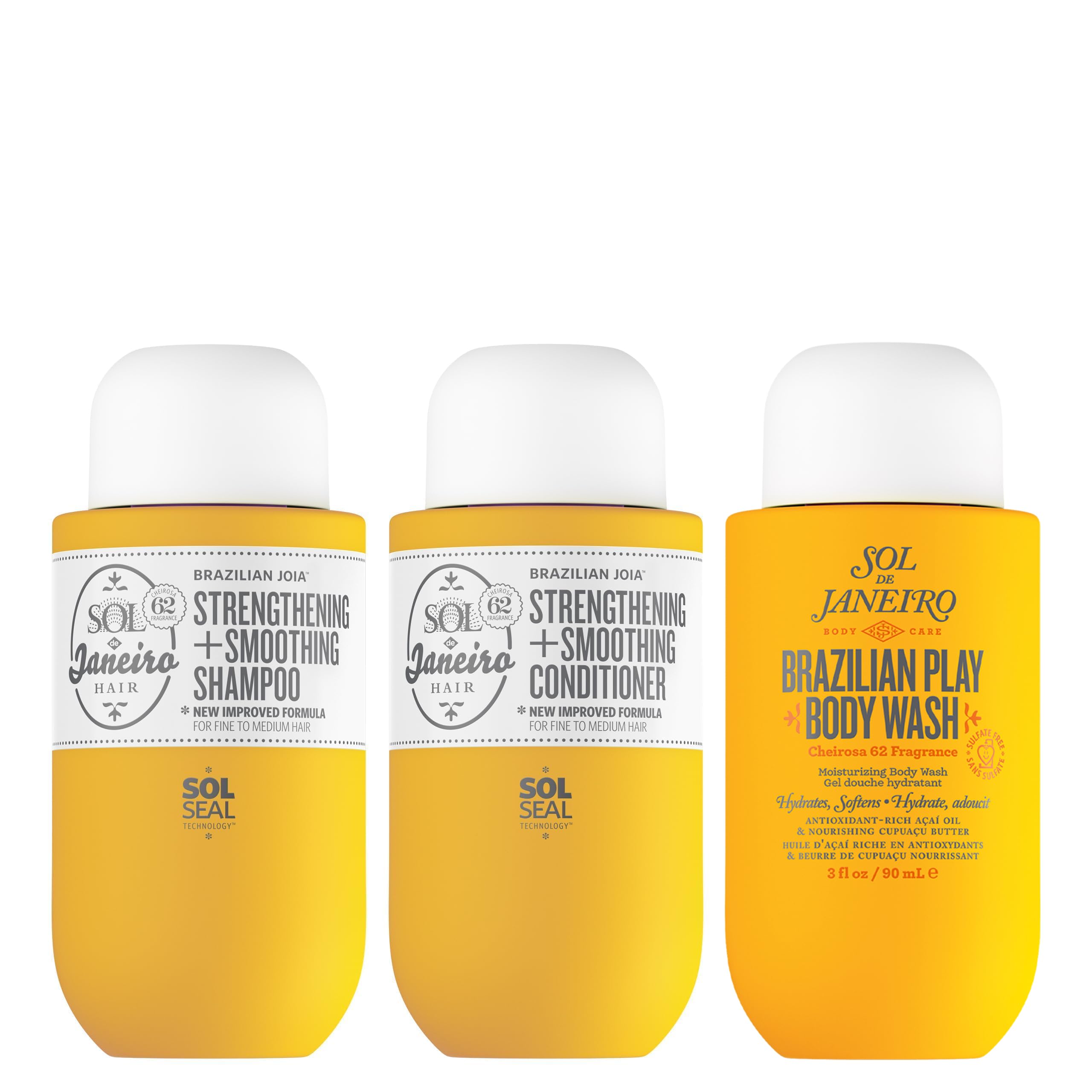 SOL DE JANEIRO Mini Brazilian Play Moisturizing Shower Cream Gel Body Wash + Brazilian Joia Damage Repairing Shampoo and Conditioner Set